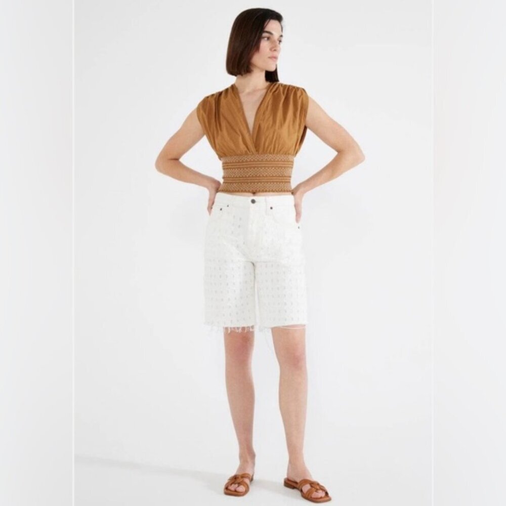 NWT‎ etica NARIN RELAXED LONG SHORTS White Denim Laser Vortex Raw Hem Size 24